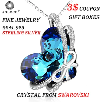 

AOBOCO Brand Cute Bow-knot Big Blue Heart Word Love You Forever Pendant Necklace Crystal From Swarovski For Women Fine Jewelry