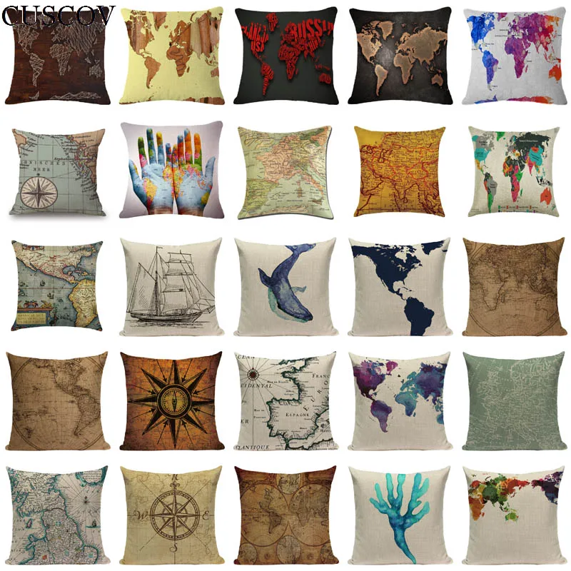 

Nautical map cushion world map decoration pillowcase linen cojines sofa car cushion covers decorativos best pillow cover