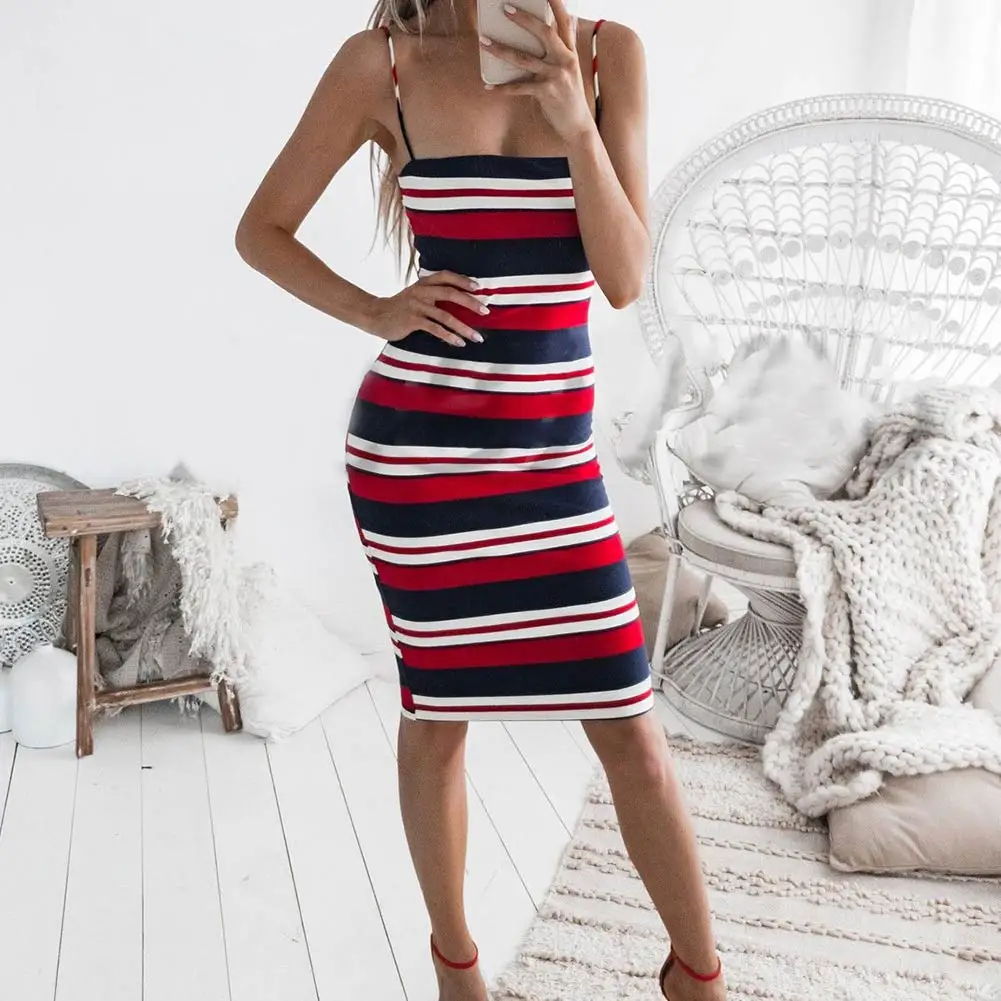 الصيف النساء مثير اللباس مخطط السباغيتي حزام أكمام Blackless عارضة Bodycon فساتين FS99
