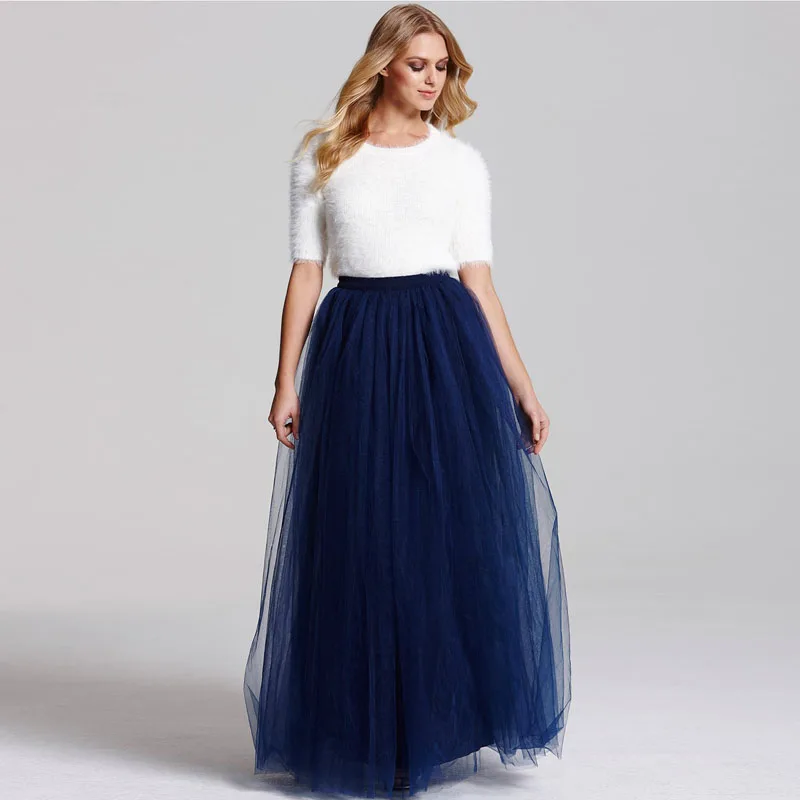 

5 Layers 110cm Long Tulle Skirts Womens Pleated Maxi Skirt Navy Blue Fashion Wedding Bridal Bridesmaid Skirt Faldas Jupe Saias