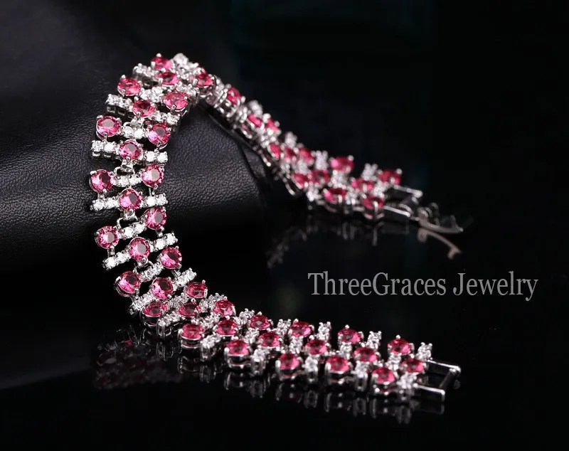 Threegraces jewelry моды белого золота Цвет Роскошный белый и Королевский синий CZ Кристалл Камень большой Браслеты браслеты для Для женщин BR038