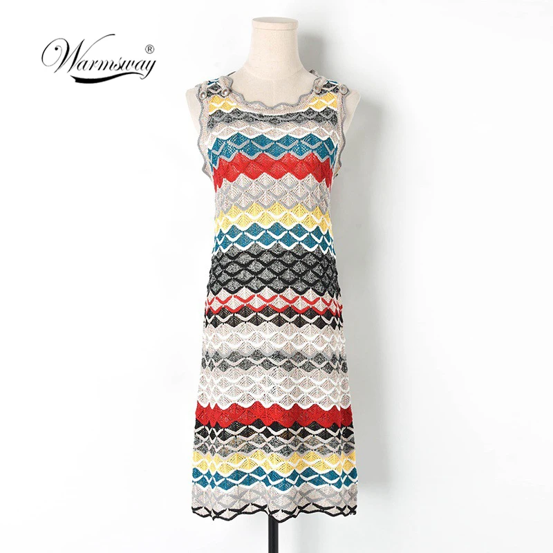 Women Dress Elegant Button Hollow Out Rainbow Striped Knitted Party Sundress Robe Summer Runway Design Slim Pullovers C-195