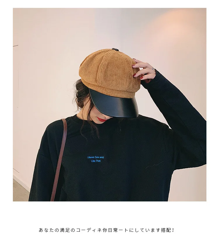 Fashion Women Hats Autumn Winter Corduroy Navy Military Hat Octagonal Hat Women Pu Leather Beret S Letter Corduroy Black Caps