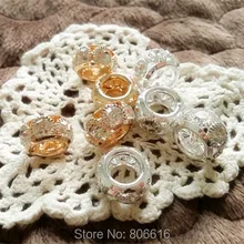 AA+ luxurious 20Pcs 9*15MM Silver & Gold Rhinestones Alloy Big Hole Beads Jewelry Bead Findings