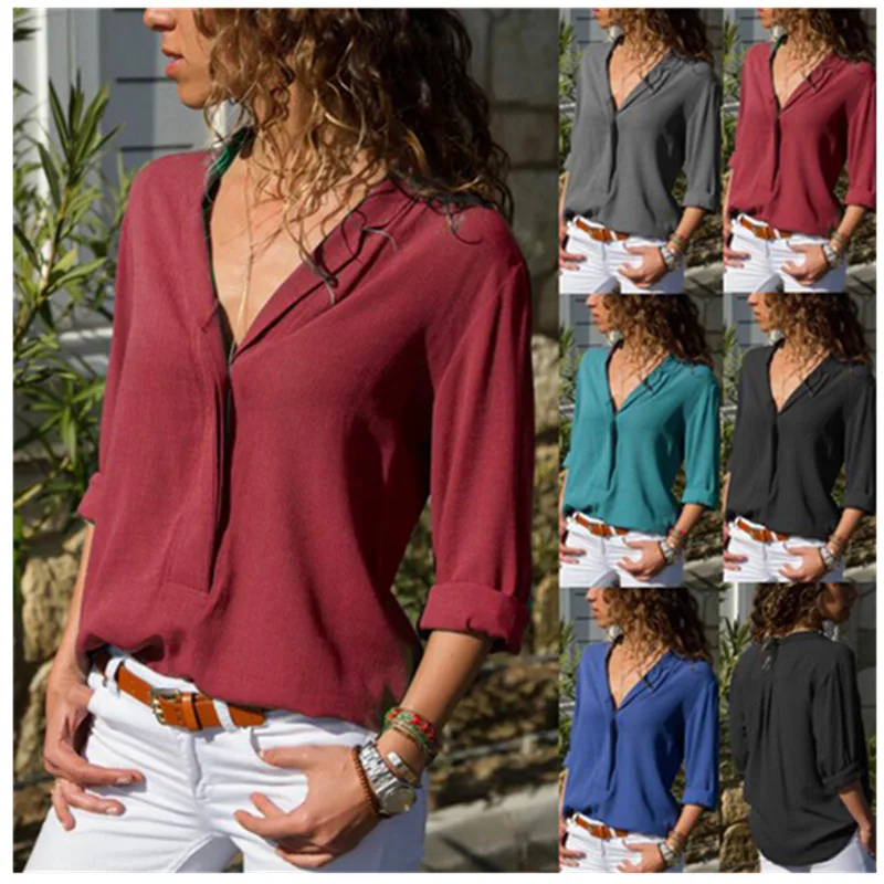 Женская блузка большого размера новая рубашка с принтом Свободная шифоновая рубашка с длинным рукавом и v-образным вырезом