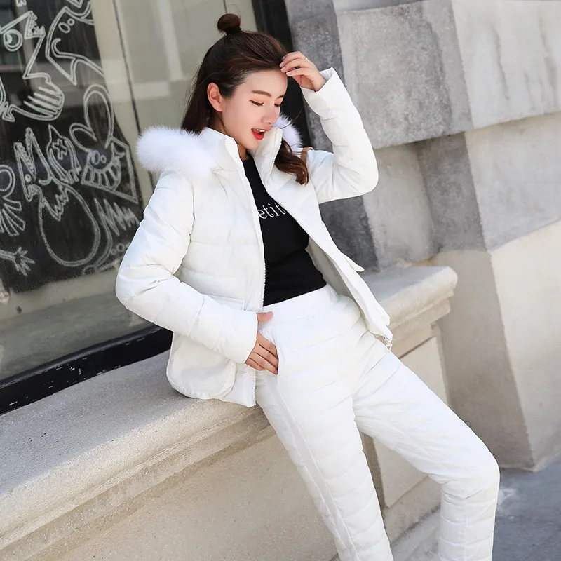 

2019 Women Down Cotton 2 Piece Set Parka Suit Casual Woman Set Real Fur Collar Hooded Jacket Coats and Elastic Waist Pants Set