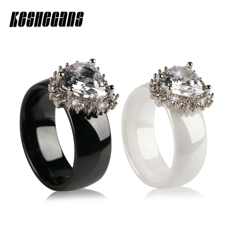 Lady Heart Shape Crystal Ceramic Ring Fashion Jewelry New Design For Women Big Rhinestone 8MM White Smooth Wedding Gift | Украшения и