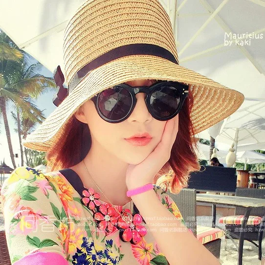 Шляпы от солнца Женская лента с бантом соломенный цветок солнцезащитный козырек с широкими полями летние пляжные женские s складные корейский стиль элегантный женский Универсальный женский
