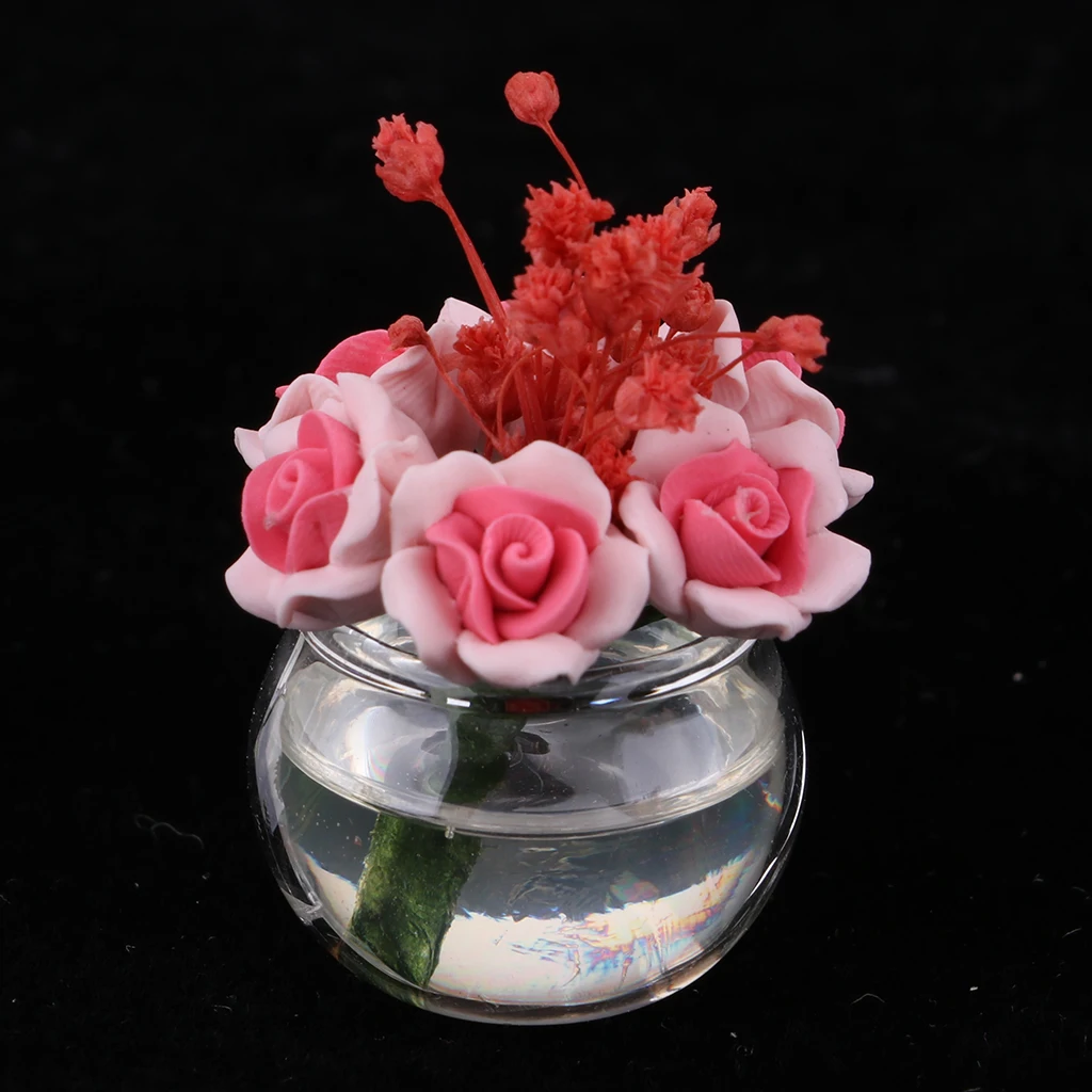 1/12 Dollhouse Miniature Layout Mini Red Plant Rose Flower with Plastic Vase Arrangement Doll House Decor Ornament Accessories