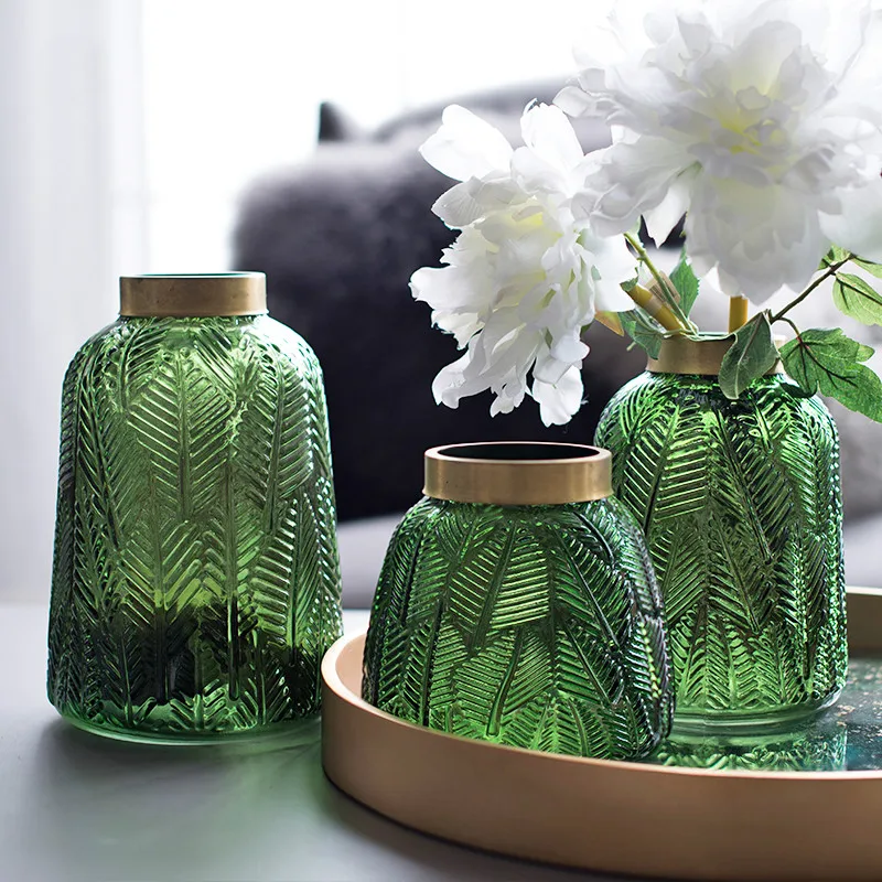 

Nordic style modern green glass vase Decoration living room Flower arrangement Creative Golden rim Home living room decoration