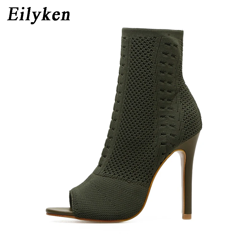 Prix Eilyken Femmes Bottes Vert Élastique Tricot Chaussette Bottes Dames Bout Ouvert Talons hauts Mode Kardashian Cheville Bottes Femmes Pompes