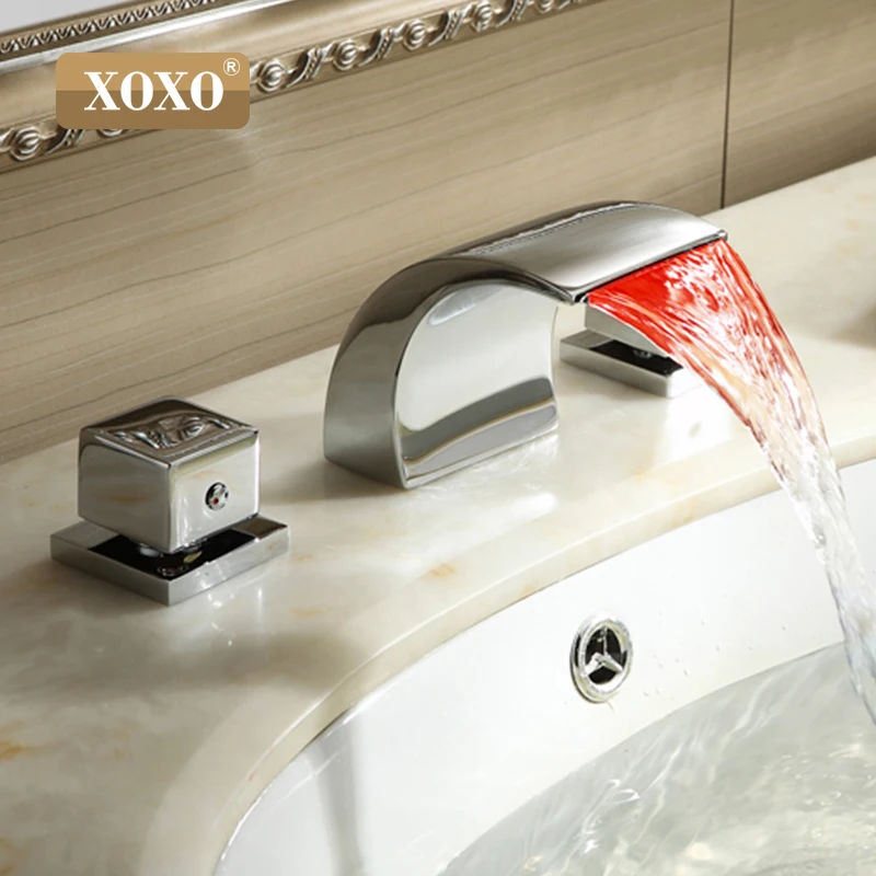 

XOXO Free shipping LED chrome plated color changed the waterfall widely bathroom sink faucet mixer LED0103
