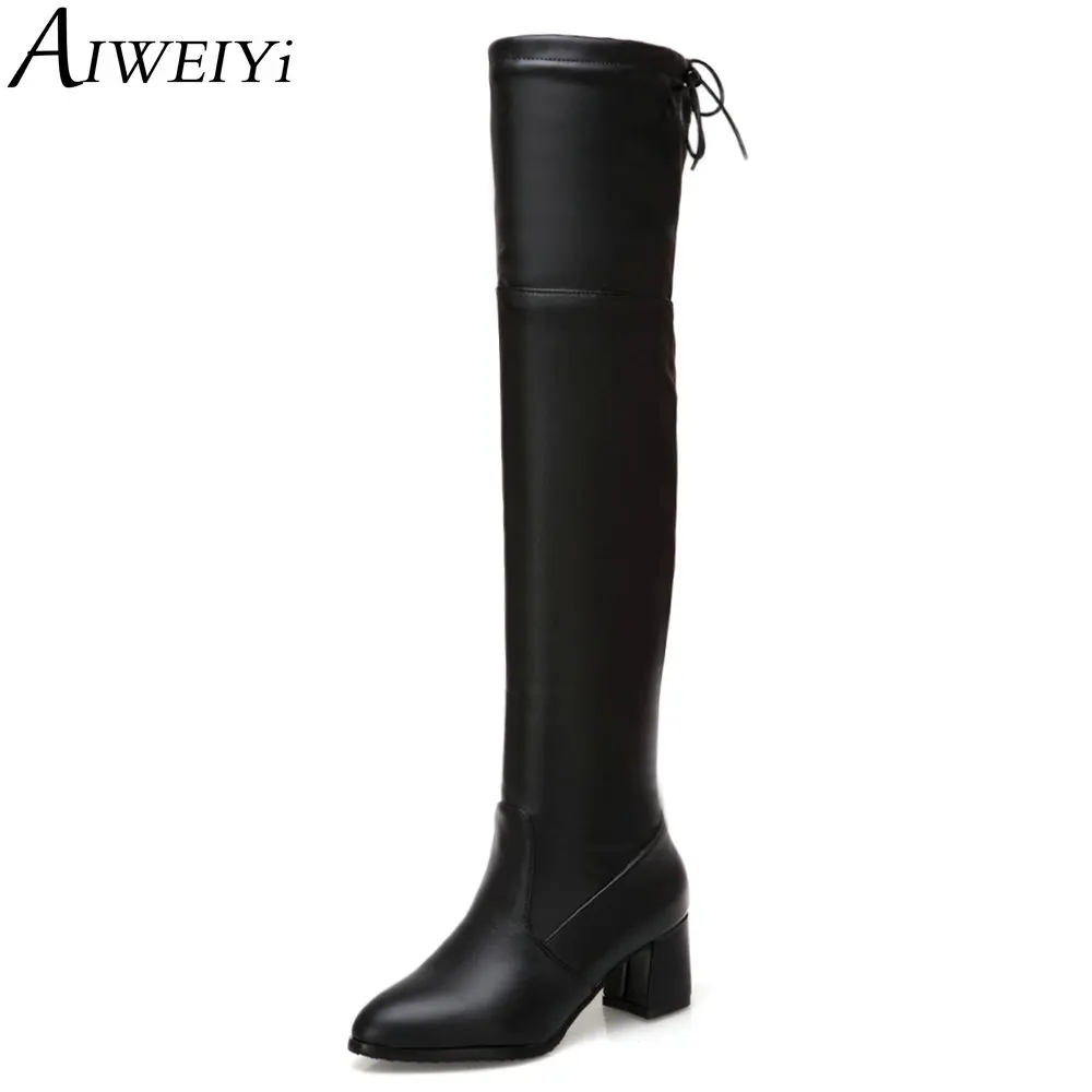 

AIWEIYi New Fashion Motorcycle Knee High Boots for Women Autumn Winter Square High Heels Over the Knee Boots Platform Shoes