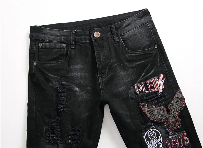 Mcikkny Men's Ripped Pleated Biker Denim Trouser Fashion Embroidery Jeans Pants For Male Washed Size 29-38 (4)