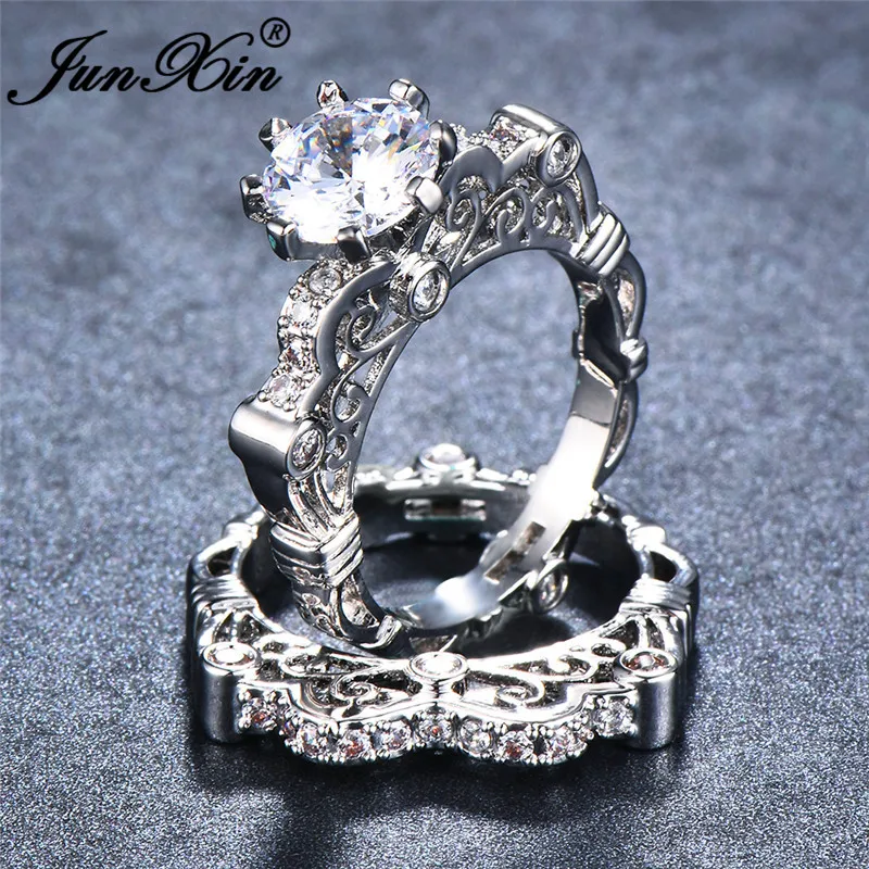 JUNXIN Boho Female Crystal Ring Set 925 Sterling Silver Filled Round White Zircon Engagement Couple Rings For Women Jewelry CZ