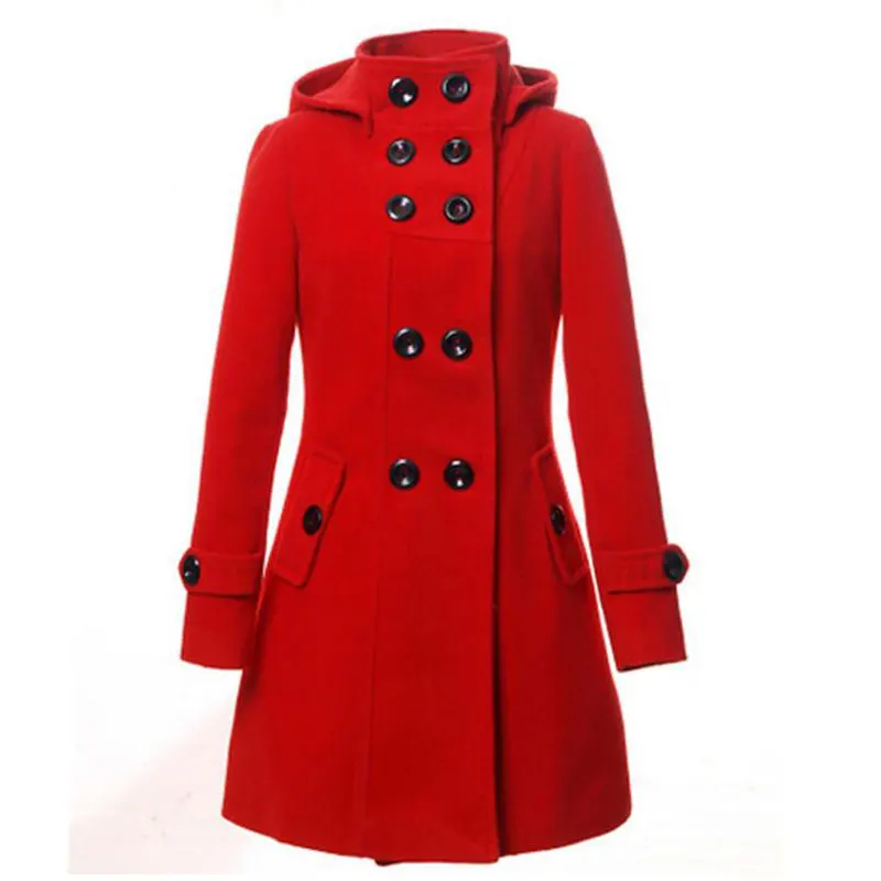 Women's Hooded Double Breasted Trench Wool Coat Long