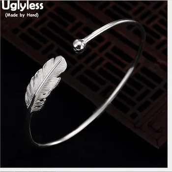 

Uglyless Real 990 925 Silver Leaf Feather Bangles for Women Handmade 925 Silver Feather Rings Glossy Silver Balls Jewelry Sets
