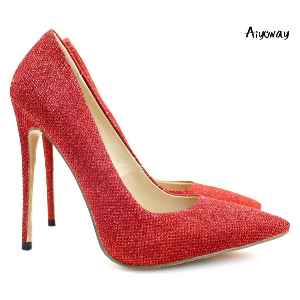 

Aiyoway Elegant Women Ladies Pointed Toe High Heel Glitter Pumps Wedding Party Dress Shoes Red Handmade Slip On US Size 5-15