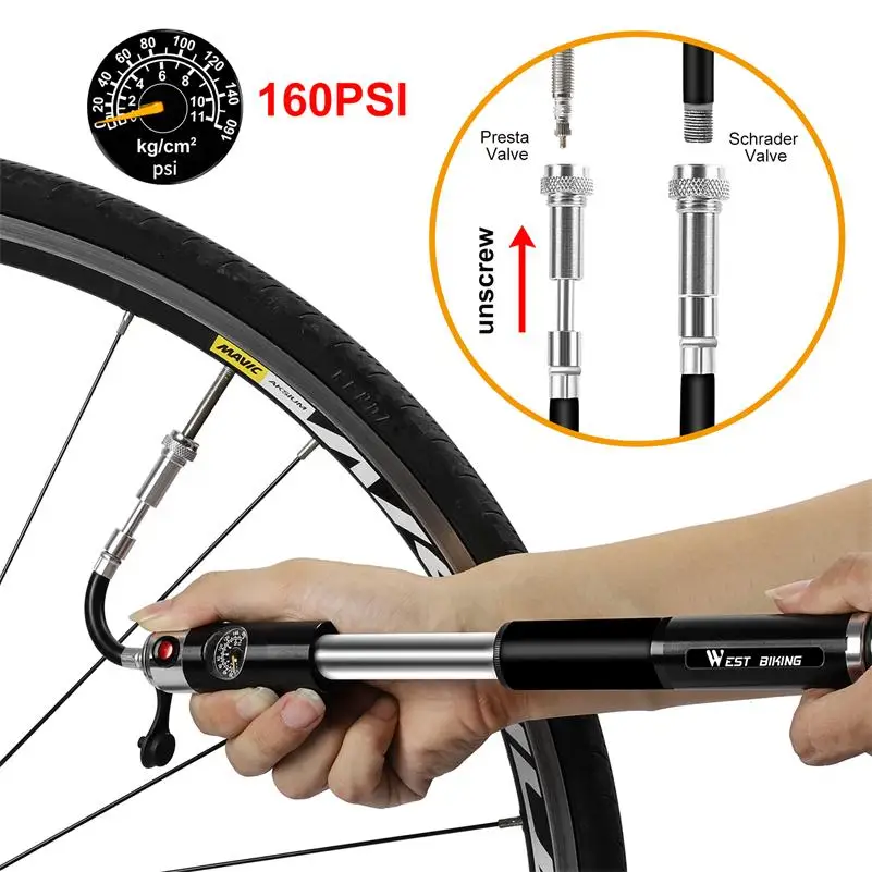 Велосипедный ручной воздушный насос WEST BIKING портативный мини с манометром для