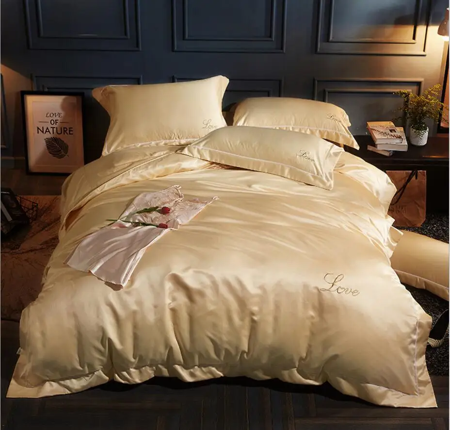 

Bedding set 4Pcs Solid Color Brief Style Duvet Cover Bed Sheet Pillowcase Embroidered Home Textile Wedding Decoration King Queen