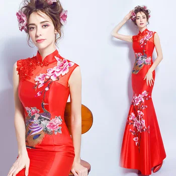 cheongsam dress lace red blue white qipao long dragon and phoenix chinese style wedding traditional elegant long mermaid
