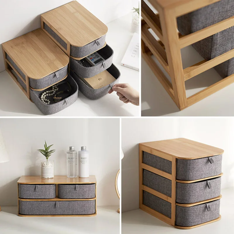 

High Quality Multi-layers Bamboo Wood Storage Box with Oxford Cloth Drawers for Desktop VE