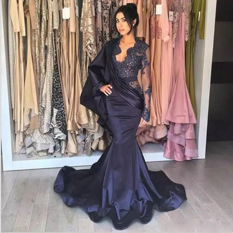 Fashion Dubai Arabia Prom Dress Sexy Side Illusion Lace Applique V-Neck Long Sleeve Ruffles Satin Party Gown Custom Made Formal Evening Dres149