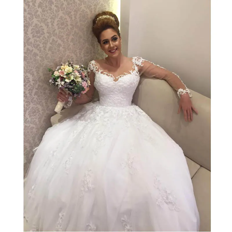 

Vestido De Noiva Ball Gown Wedding Dresses Long Sleeves See Through Back Sexy Bridal Gowns Buttons robe de mariee