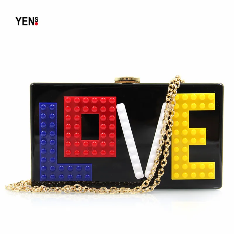 

Women Vintage Acrylic Clutch Unique Letter LOVE Handbag Lady Cute Wallet Elegant Casual Day Clutch Novel Small Messenger Bag Hot