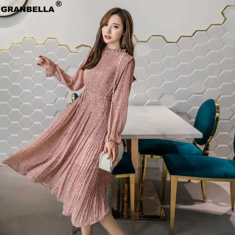 

Retro Elegant Stand Collar Floral Print Women Dress Full Sleeve Elastic Slim Waist Chiffon Spring Pleated Long Dress 2019
