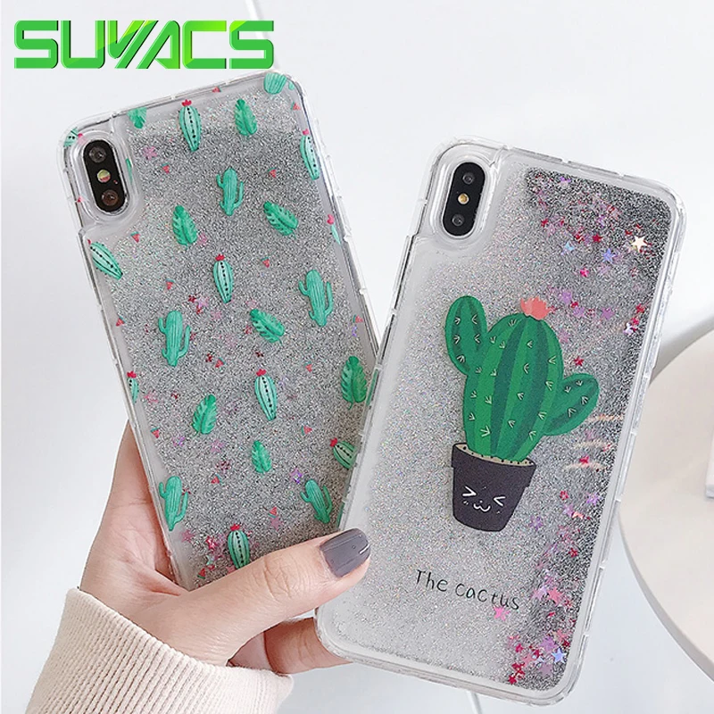 

SUYACS Cactus Glitter Quicksand Case For iPhone XS MAX XR X 6 6S 7 8 Plus Full Body Coverage Soft Phone Back Cover Cases Bag
