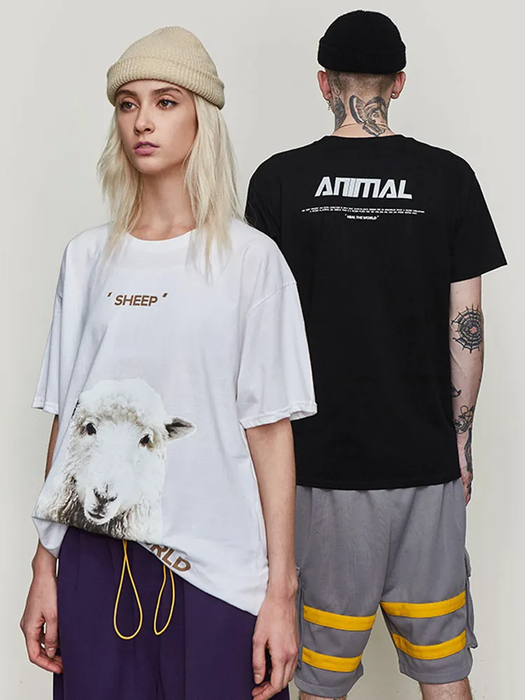 

T-shirt lamb print clothes summer short-sleeved T-shirt male