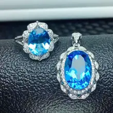 Топаз набор натуральный настоящий голубой топаз 925 серебро 1 шт. кольцо, 1 шт. кулон 14ct* 1 шт. 3.5ct* 1 шт.# SB18121004