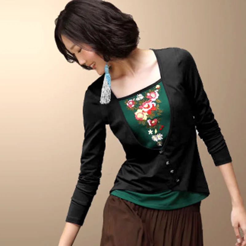 

2018 Plus Size Autumn Black Cotton Embroidery Flower Pattern Stitching Vintage National Female T-shirt clothing Tops Womens