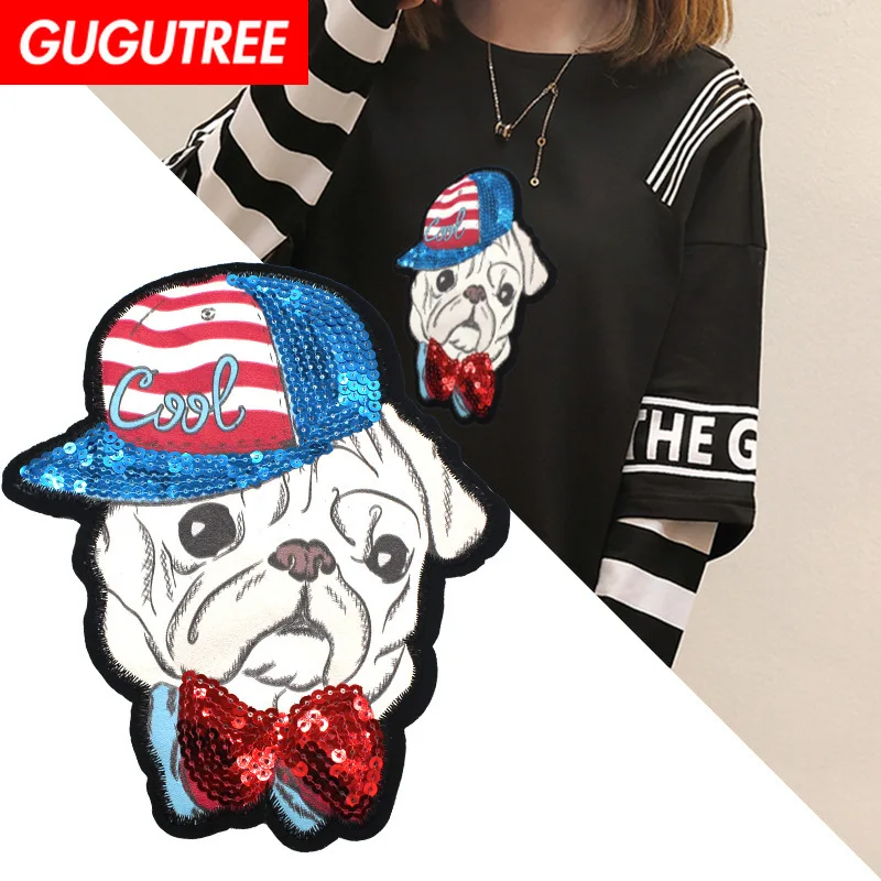 

GUGUTREE embroidery Sequins big dogs patches animal cartoon patches badges applique patches for clothing XC-268
