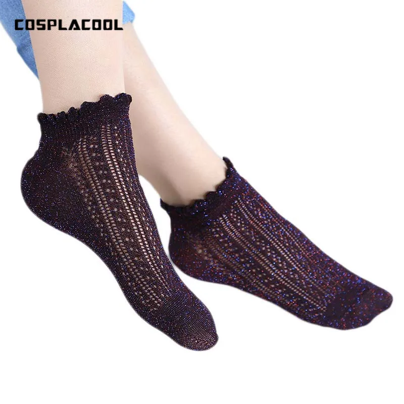 

[COSPLACOOL]Fashion Retro Lace Glitter Gold Silver Silk Socks Women Short Transparent Calcetines Harajuku Meias Shiny Funny Sox
