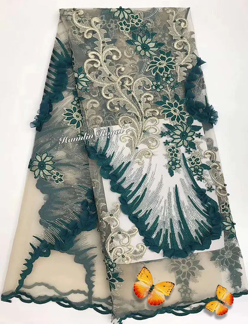

beautiful classic African french tulle lace fabric Nigerian wedding lace with orderly Appliques beads 5 yards per piece