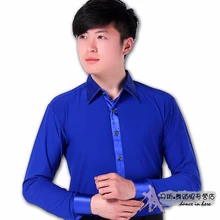 Мужской бальный танец Топы синяя мужская танцевальная рубашка профессиональная производительность ча/Румба/Самба/латинский танец рубашка танцевальная одежда DQ15011