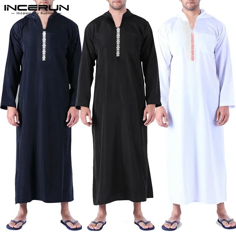 

INCERUN Men Islamic Arab Muslim Kaftan Abaya Hooded Long Sleeve Retro Loose Robes 2019 Saudi Arabia Dubai Jubba Thobe Men Caftan