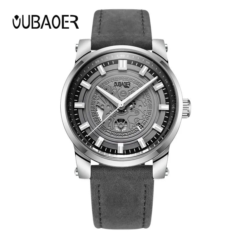 OUBAOER Mens Watches Top Brand Luxury Leather Strap Business Date Sport Military Army Male Clock Wr