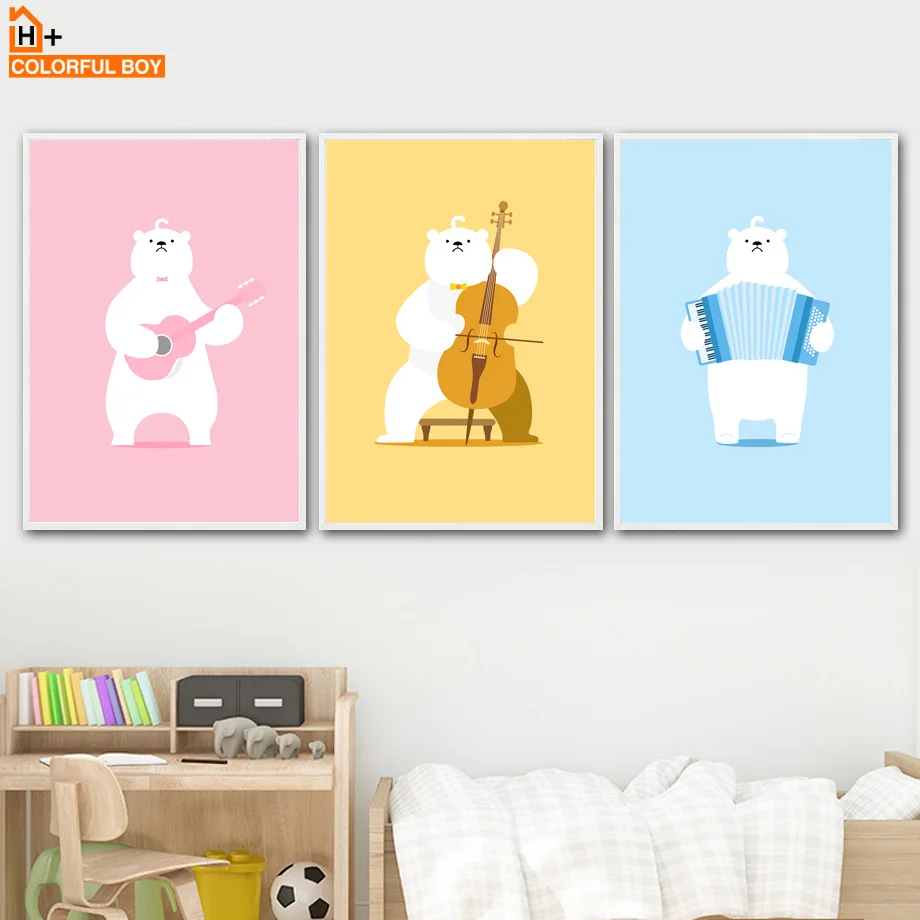

Polar Bear Guitar Cello Accordion Wall Art Canvas Painting Nordic Posters And Prints Animal Wall Pictures Baby Kids Room Decor