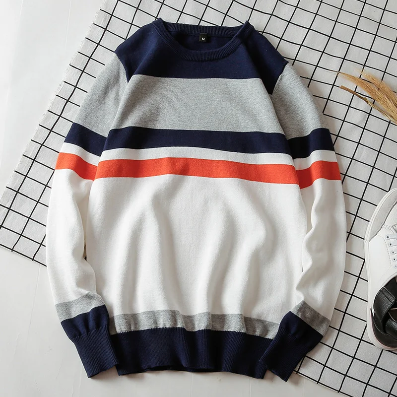 Мужской свитер и пуловер с круглым вырезом в полоску, 100% хлопок, свитера для мужчин с длинными рукавами, Осенние повседневные Пуловеры 2019