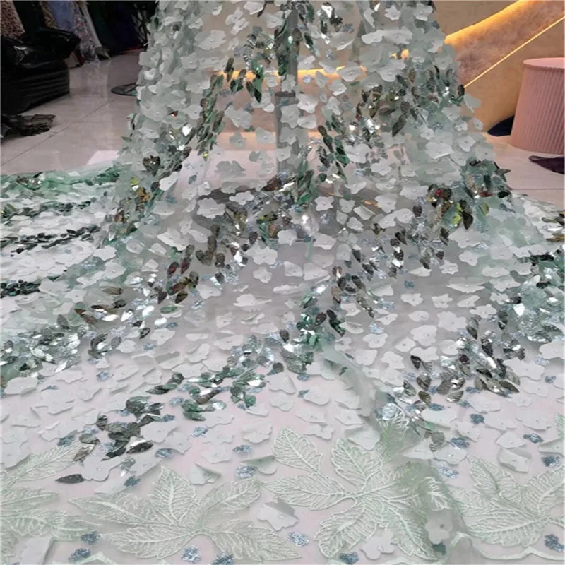 

Latest Nigeria Mesh Fabric with Sequins Green Lace Fabric 2019 Newest French Tulle Lace Fabric For Evening Party Dress(5-19
