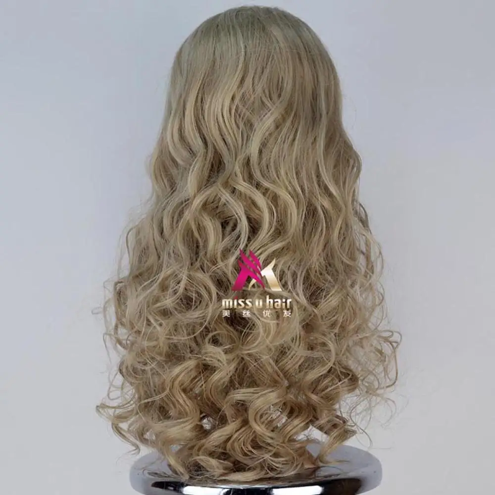Мисс у волос Синтетический девушка принцесса парик с длинными кудрявыми волосами пепел блонд цвет взрослый фильм косплей костюм полный парик