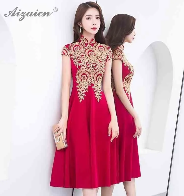 Novia moda corto rojo Cheongsam vestido bordado flor Qi Pao mujeres chino tradicional ropa Qipao Восточный vestidos de boda