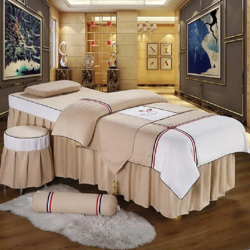 

Modern Style 4pcs Beauty Spa Salon Duvet Cover Bed Skirt Pillowcase Bedding Set Duvet Cover Inner Customized Light Brown White