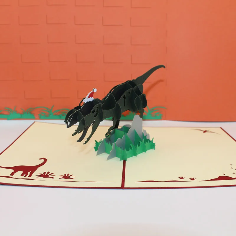  3D Handmade Cool Wearing Christmas hat Tyrannosaurus Rex Dinosaur Paper Invitation Greeting Cards P - 32840866048