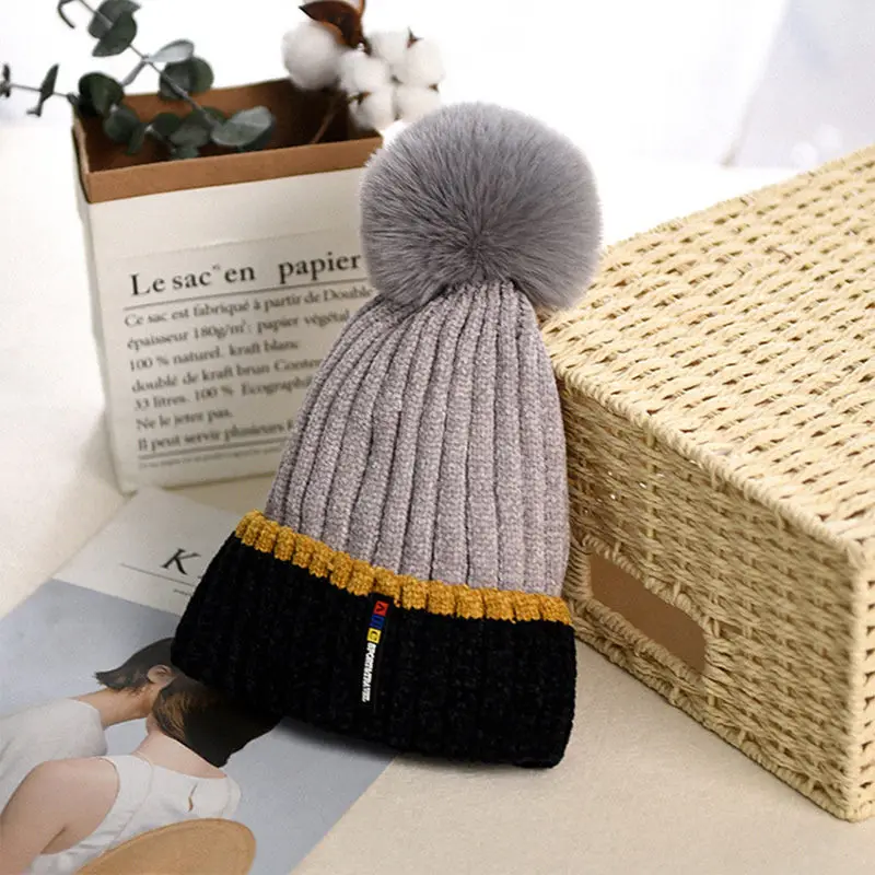 Stitching Baby Beanies Hat Toddler Boys Girls Winter Warm Cap with Big Pompom High Quality Cap Cotton Liner Comfort Thicken Hat (12)