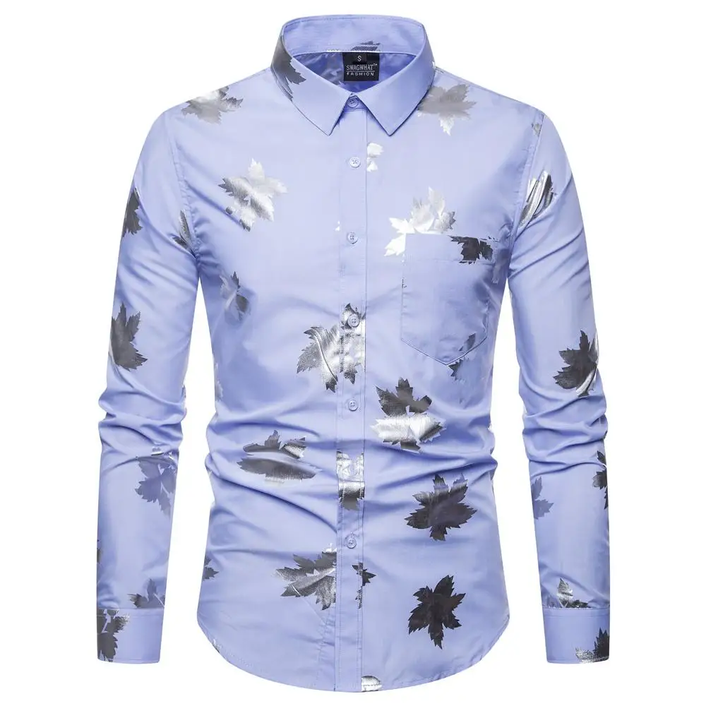 

Hawaiian Shirt Men Dress Floral Blouse Man Long-sleeved Shirt Male Fashion Hot stamping Camisa masculina Blue Black Navy