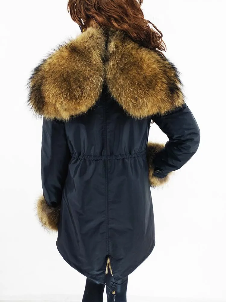Зимнее новое модное женское меховое пальто длинное Парка подклад мех кролика Воротник мех енота Уличная мода